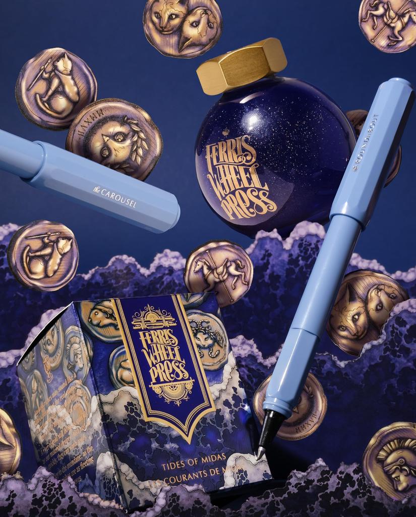 Ferris Wheel Carousel Fountain Acrylic Blend Air Seal Click Lock Tide of Sky Medium Nib Press, Pen, Body, Cap, Midas, Blue,