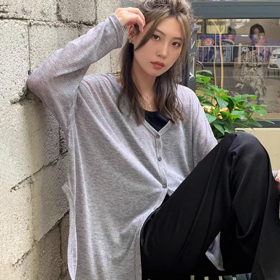 Spring Autumn Cardigan Coat V-neck Long Sleeve Single Breasted Coat Solid Color Loose Fit Thin Jacket Daily Wear