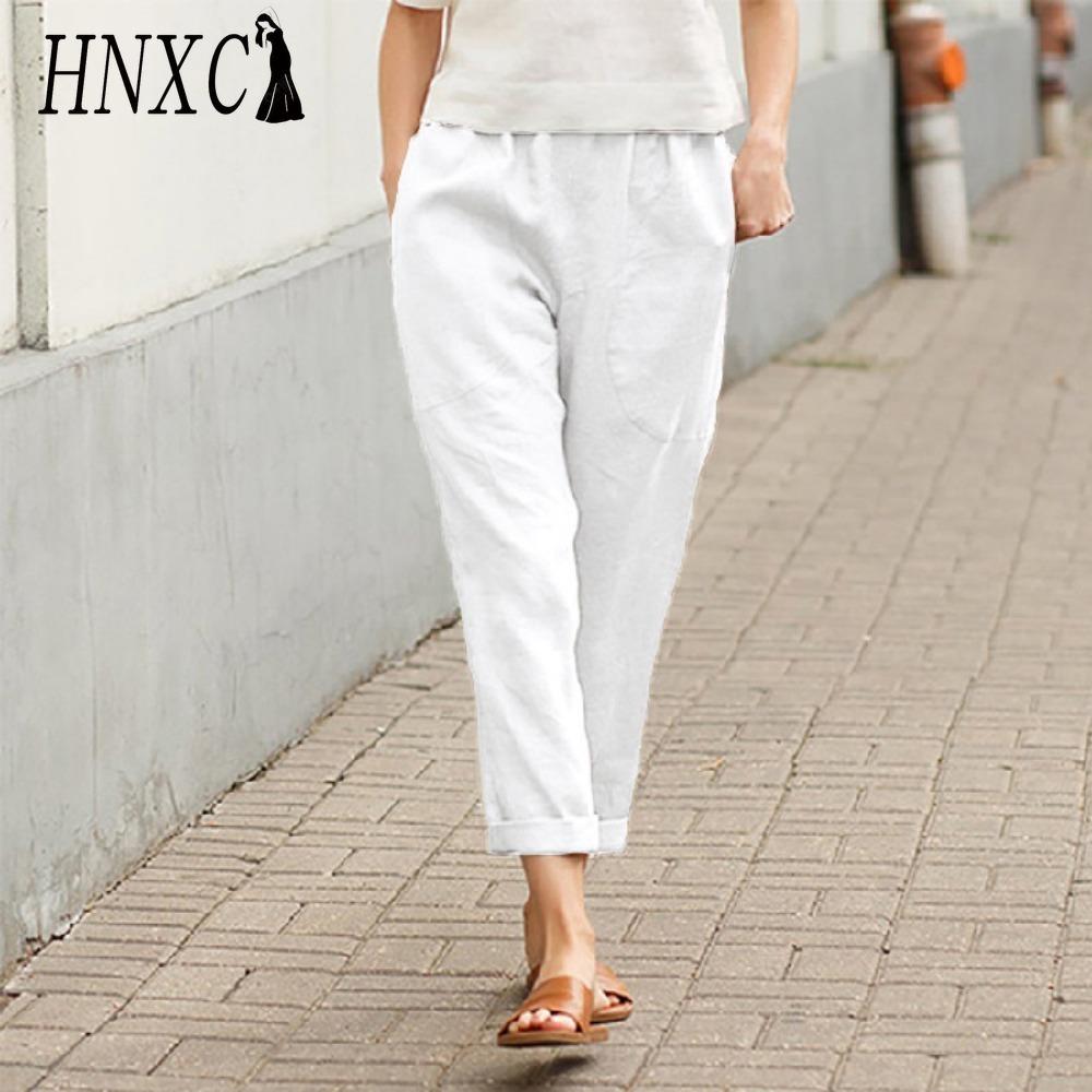 HNXC Женские летние однотонные брюки с двойными карманами, свободные длинные брюки, женские хлопковые льняные брюки
