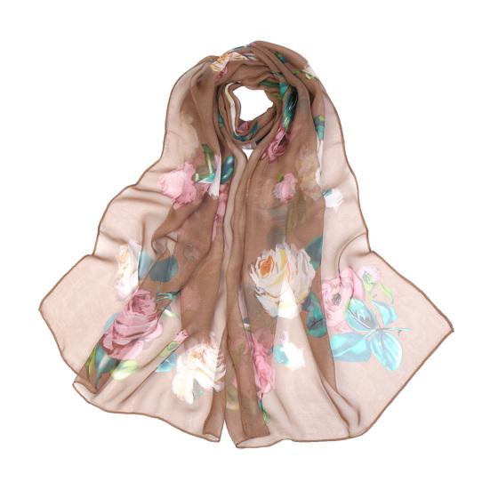 Women Faux Silk Scarf Flower Print Long Soft Scarf Sun Protection Beach Travel Outdoor Lightweight Shawl