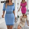 Весенне-летнее элегантное платье с квадратным вырезом, на пуговицах, с короткими рукавами, вязаное, облегающее бедра, для женщин
