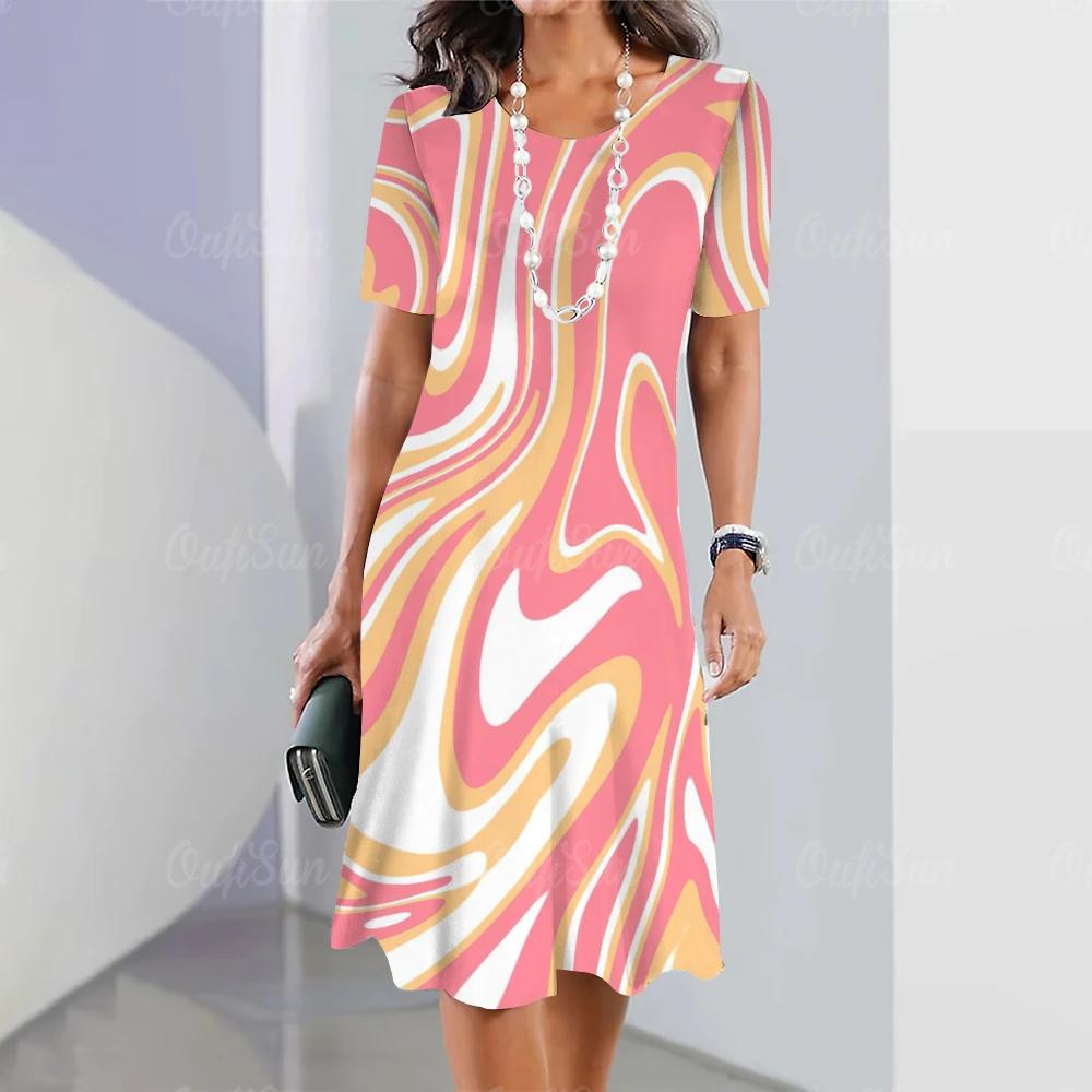 Summer Woman Dresses Women's Round Neck Short Sleeves Clothing Irregularly Streak Print Dress Clothing Loose Pullover Streetwear