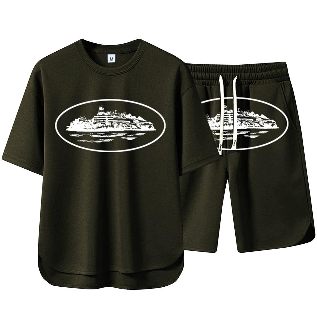 Men's Summer Solid Color Printed Short Sleeve Round Neck T-Shirt Shorts Set