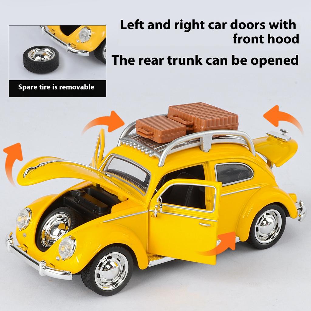1/32 Volkswagen Beetle Alloy Die-cast Car Model Sound and Light Bring Back Pull Function Vehicle with Base Ornament Children's Gift