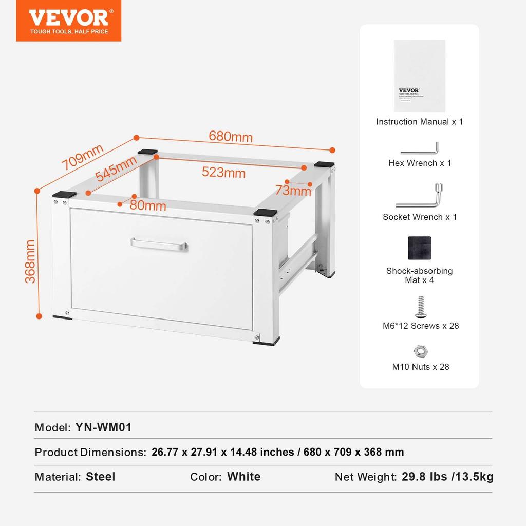 VEVOR Laundry Pedestal 686mmW x 366mmH, Washer And Dryer Base Stand Platform Universal Fit 299kg Capacity