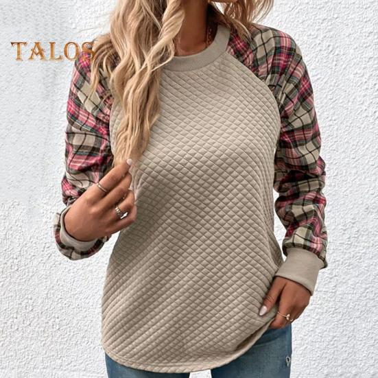 Женская толстовка осень-весна с принтом в клетку, с круглым вырезом, свободная, с длинными рукавами, с ромбовидной текстурой, повседневная одежда, спортивный топ