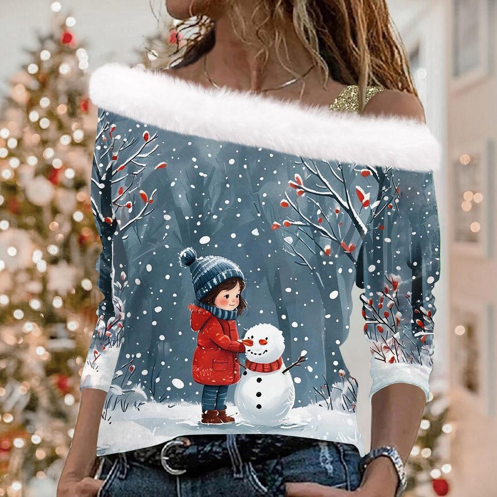 Женский повседневный свободный топ с длинными рукавами и рождественским принтом из плюша