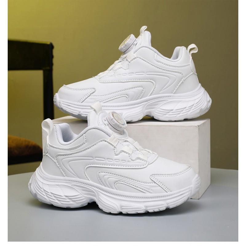 Kids White Black Sneakers School Sports Dance Running Shoes With Rotary Buckle