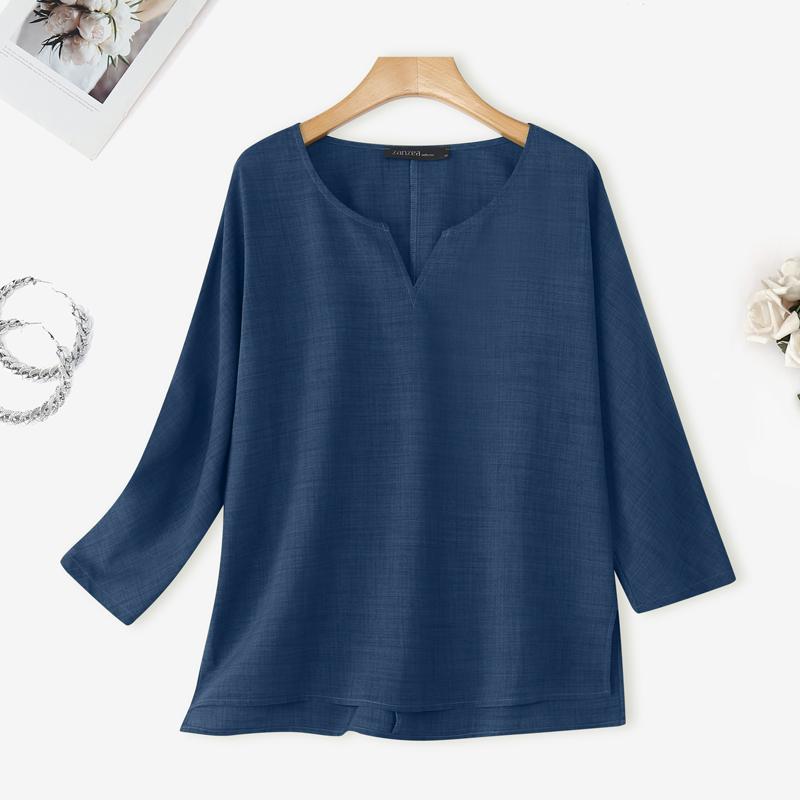 ZANZEA Женская повседневная однотонная блузка с v-образным вырезом и длинным рукавом