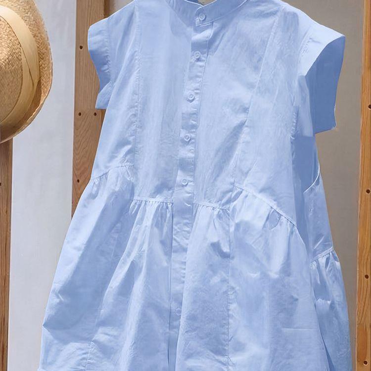 White Cotton Loose and Thin Small Flying Sleeve Stand-up Collar Shirt Women's Summer Lazy Wind Sleeveless Top Fresh A-line Loose Conceal Belly Summer