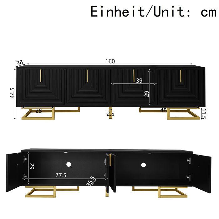 Meuble TV - MODERNLUXE - 160x38x44.5 cm - 4 portes - Pieds dorés - Noir