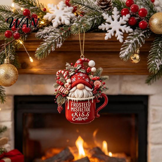 Holiday Party Supplies Christmas Gnome Ornament, 2D Acrylic Santa Hanging Decoration with Candy Ornaments Cane Gift Box for Xmas Tree Home Window