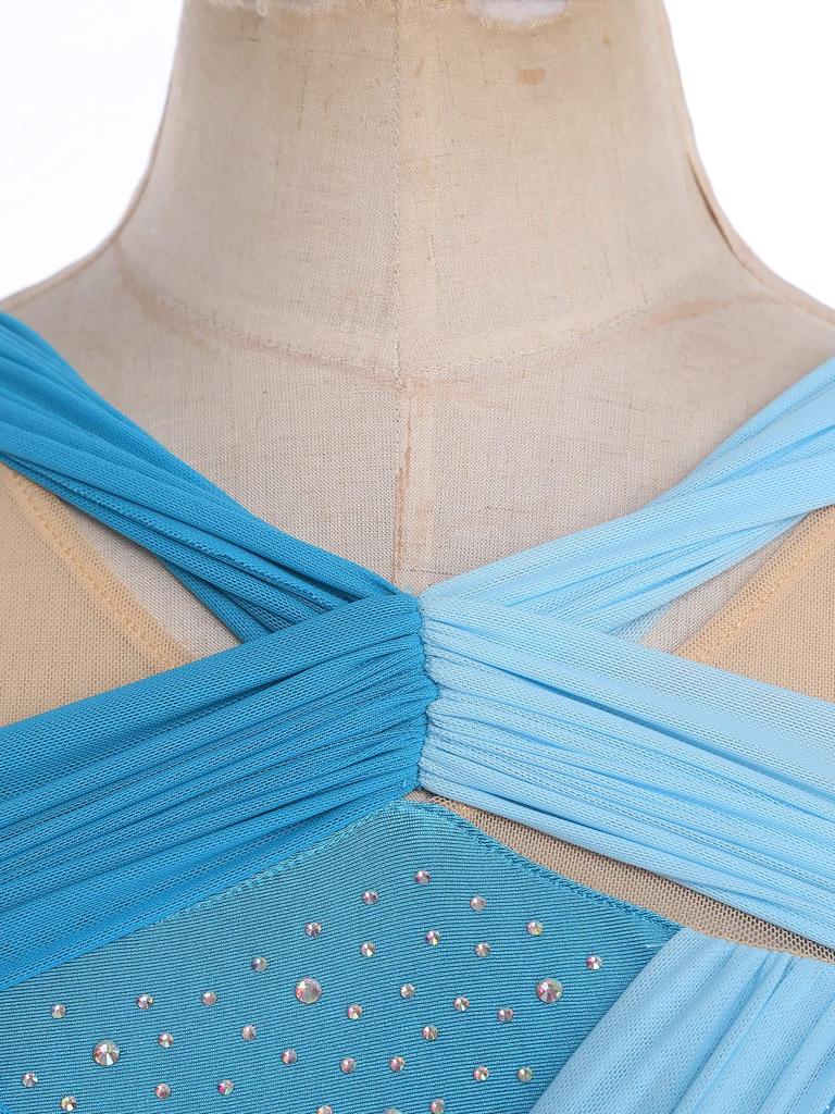 Womens Lyrical Dance Dress Rhinestone Color Block Mesh Design Ruched Twisted Knot Irregular Hem Leotard