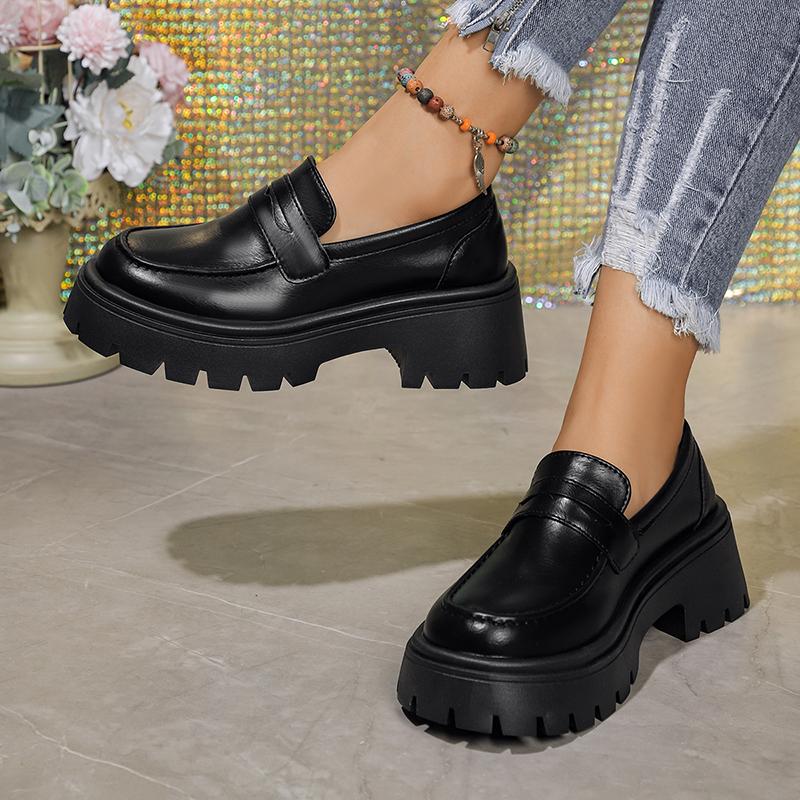 Черные офисные туфли из искусственной кожи, женские туфли-лодочки на толстой платформе с круглым носком, женские осенние туфли-лоферы на высоком каблуке