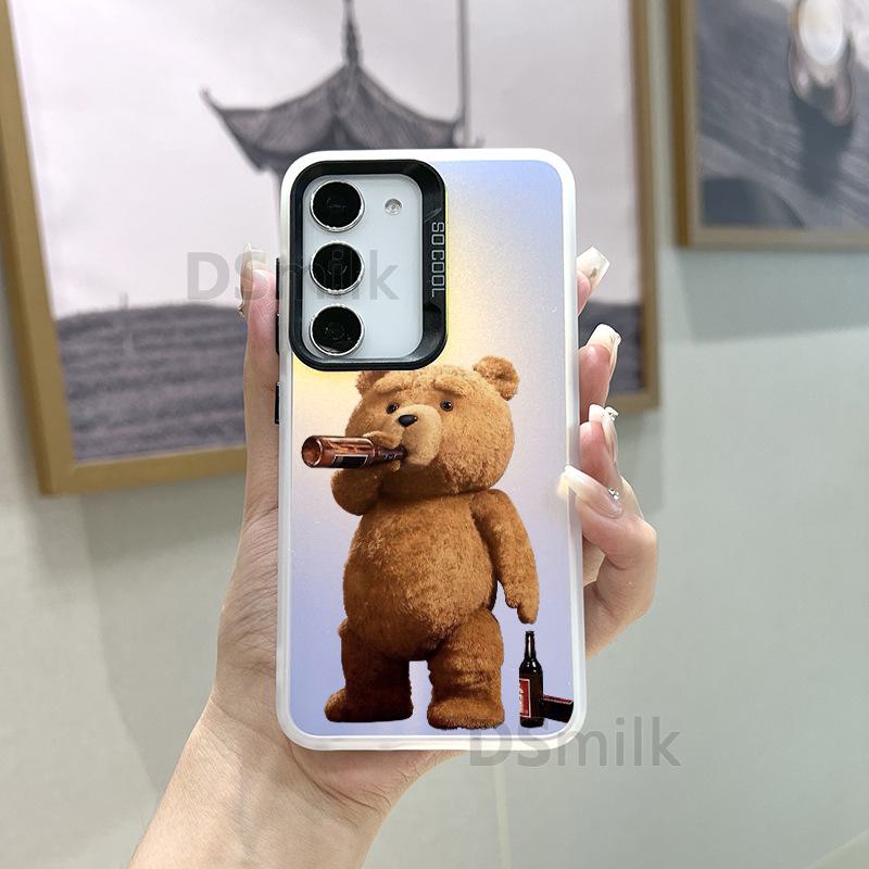 Чехол для мобильного телефона Samsung S24Plus с красочным лазерным дизайном — совместим с S23/S22/S21 — с рисунком белого цвета Aurora и милым мишкой TD.