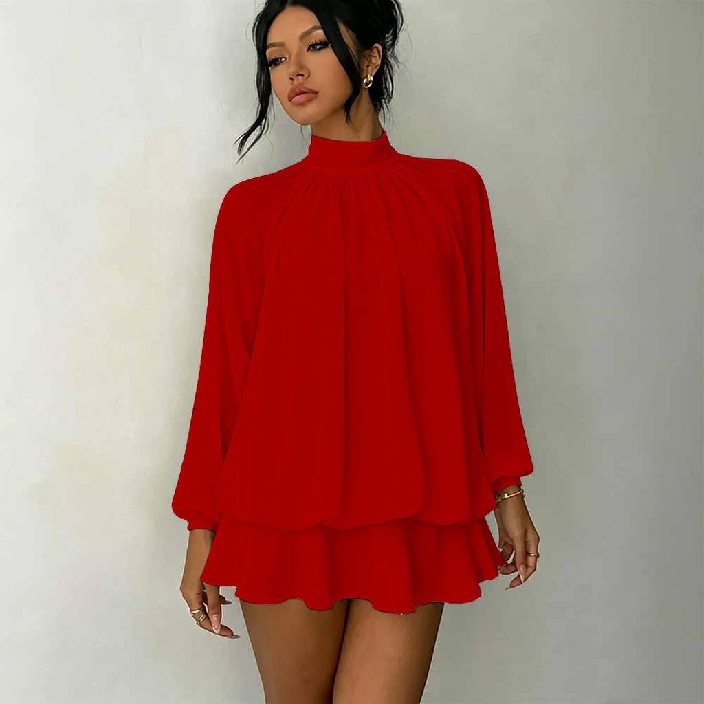Women's 3D Checkerboard Print Print Mock Neck Long Sleeve Dress, Raglan Sleeve Fake Two Piece Mini Dress