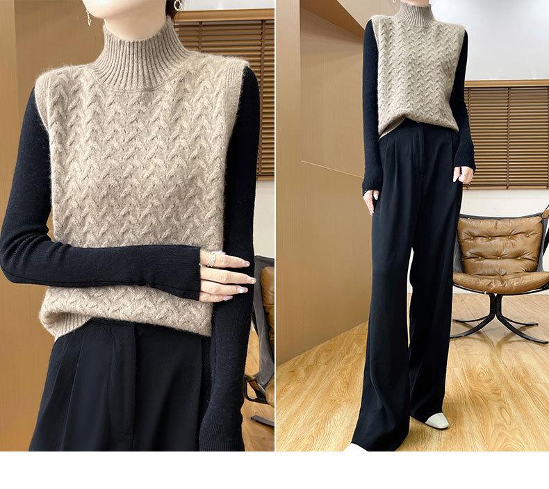 Women's 100% Wool High Neck Cable Knit Sleeveless Vest - Warm Autumn/Winter Shawl