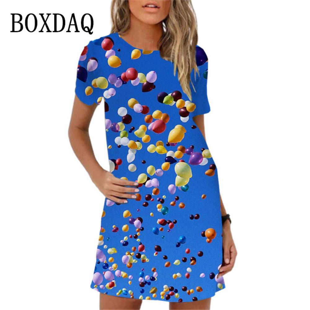 2026 New 3d Colorful Planet Printing Mini Dress Women Summer Short-sleeved Casual Fashion Elegant Round Neck Dress