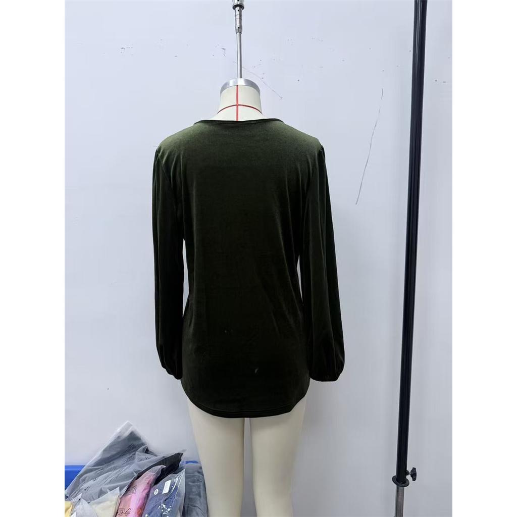 Women Velvet V‑Neck Blouse Chinese Frog Buttons Puff Long Sleeve Loose Casual Ethnic Style Pullover Shirt Top