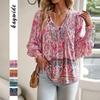 Spring/Summer 2025 Bohemian V-Neck Tie Long Sleeve Print Top for Women.