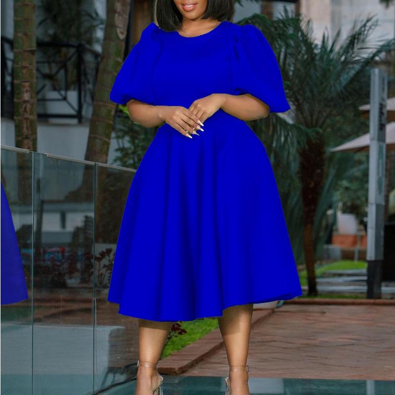 Летнее женское платье больших размеров с круглым вырезом, темпераментным платьем трапециевидной формы с объемными рукавами и большой талией, темпераментное
