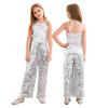 Kids Girls Halter Shiny Sequins Jazz Latin Dance Jumpsuit Sleeveless High Waist Pageant Romper Long Pants