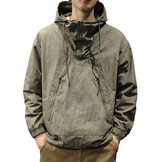 Мужской плащ однотонный длинный рукав полумолния капюшон куртка с карманами на молнии свободный крой тонкая куртка для отдыха