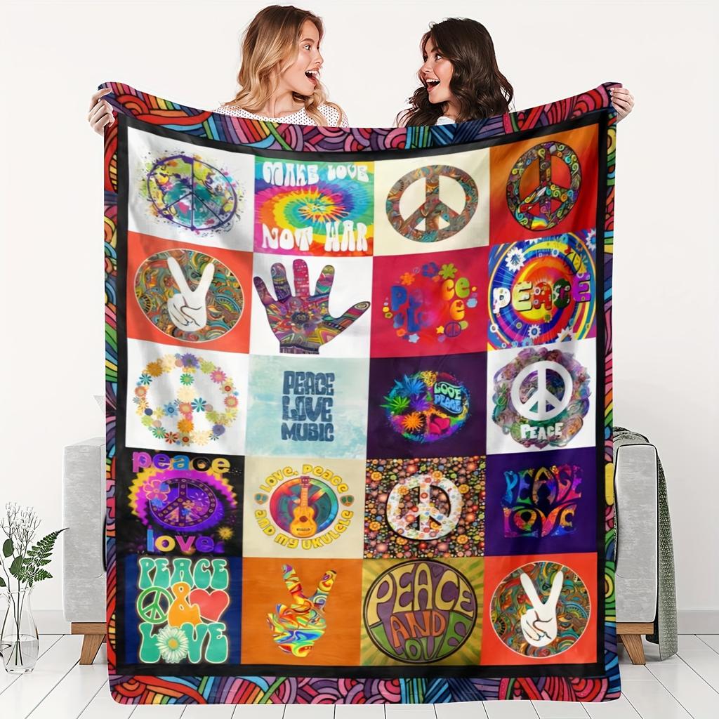 Psychedelic Hippie Boho Throw Blanket Fleece Sofa Cover Peace Love Retro Mosaic Pattern Decorative Cozy Throw for Festival
