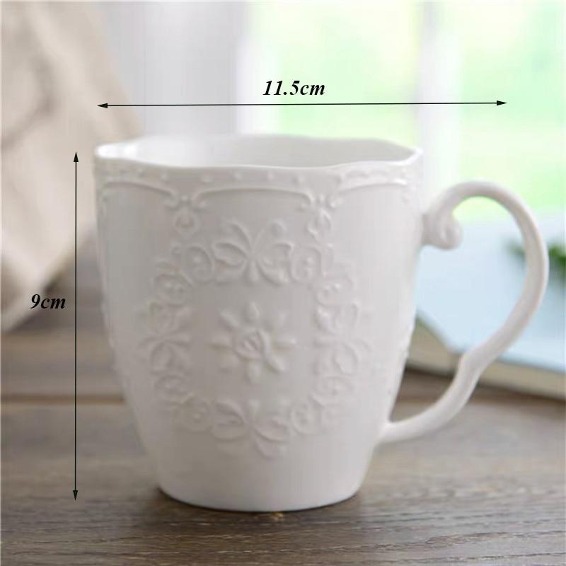 Европейская белая фарфоровая кофейная кружка с тиснением розы, костяной фарфор, винтажная кружка для завтрака, молока, офисная чашка для чая, посуда для напитков