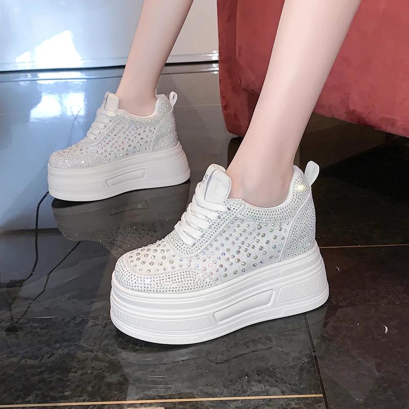 Fashion 10CM Wedge Heels Sneakers New Autumn Women Bling Crystal Skateboard Shoes Breathable Leather High Platform Vulcanize White Shoes