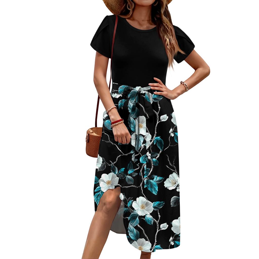 Women's Casual Cute Pattern Print Round Neck Midi Dress Basic Classic Outdoor Everyday Short Sleeve Loose Dress