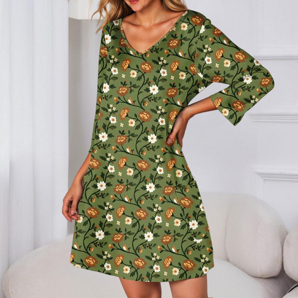 Женское модное повседневное платье с V-образным вырезом, цветочным принтом, карманом и рукавом три четверти