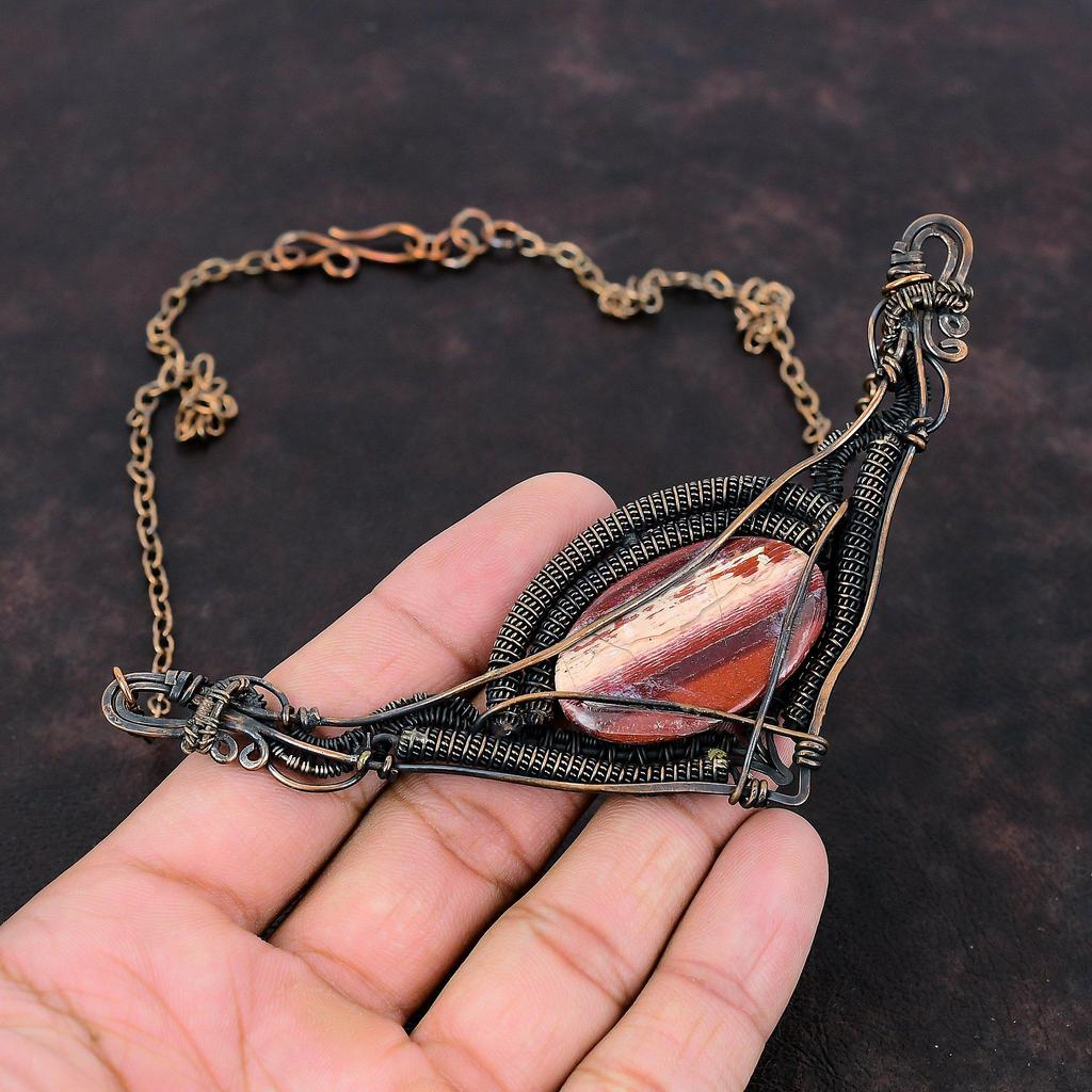Red Snakeskin Jasper Necklace Copper Wire Wrapped Necklace Handmade Gemstone Jewelry Adjustable Chain Necklace Copper Wire Jewelry For Gift