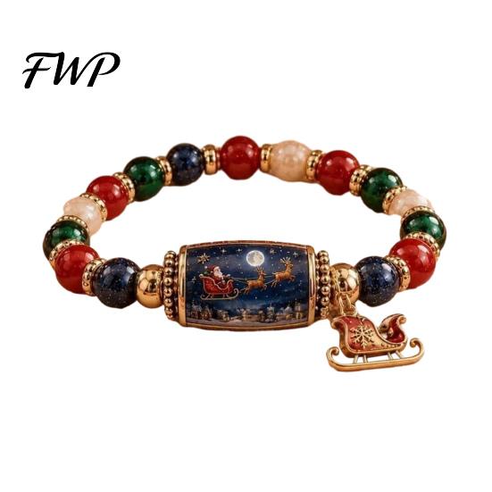 Metal Pendant Bracelets Christmas Story Beaded Bracelet, Bracelet with Santa Reindeer Snowman House Candy Patterned Cane Tree Pattern, Elastic