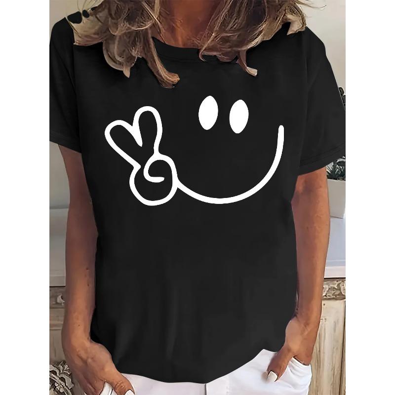 Women'S Casual Crew Neck T-Shirt with Playful Smiling Face Print - Short Sleeve, Lightweight Polyester, Perfect for Spring & Summer,