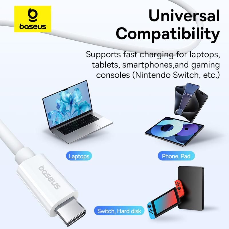 Baseus Elite USB-C Cable: 240W Power, 8K 60Hz Video Transfer, 1M Length, White - Superior Charging & Data Sync
