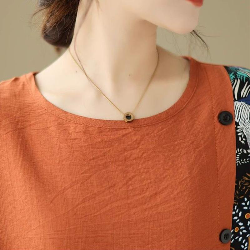 Дизайнерская футболка с короткими рукавами из хлопка и льна, женская летняя свободная, закрывающая живот и тонкий верх, летний топ с коротким рукавом
