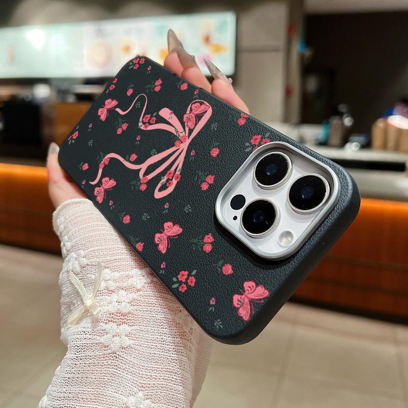 For iPhone 16 15 Pro Max 14 Pro 13 12 11 Case Bowknot Floral Print Slim TPU Leather Texture Soft Matte Shockproof Phone Cover
