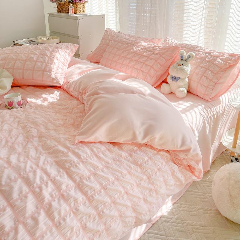 Check Bubble Fabric Bed Set Pucker Duvet Cover Pillowcase Bedding Set Bed Sheet Quilt Cover Single Queen King Size 4 Pieces Sets