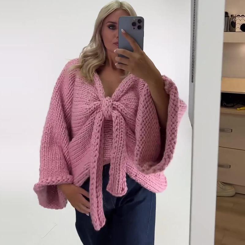 Женский осенне-зимний милый и симпатичный свитер с V-образным вырезом и бантом, вязаный свитер с объемной вязкой, кардиган, куртка