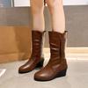 Модные Элегантные Кожаные Женские Полусапоги на Каблуке с Круглым Носком Теплые Женские Ботинки до Середины Икры Осень Зима Шикарный Тренд 2025 Новая Обувь