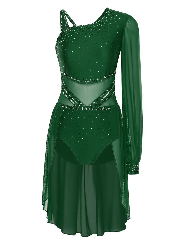 Womens One Shoulder Latin Dance Dress Single Sleeve Sparkle Rhinestone Performance Costume