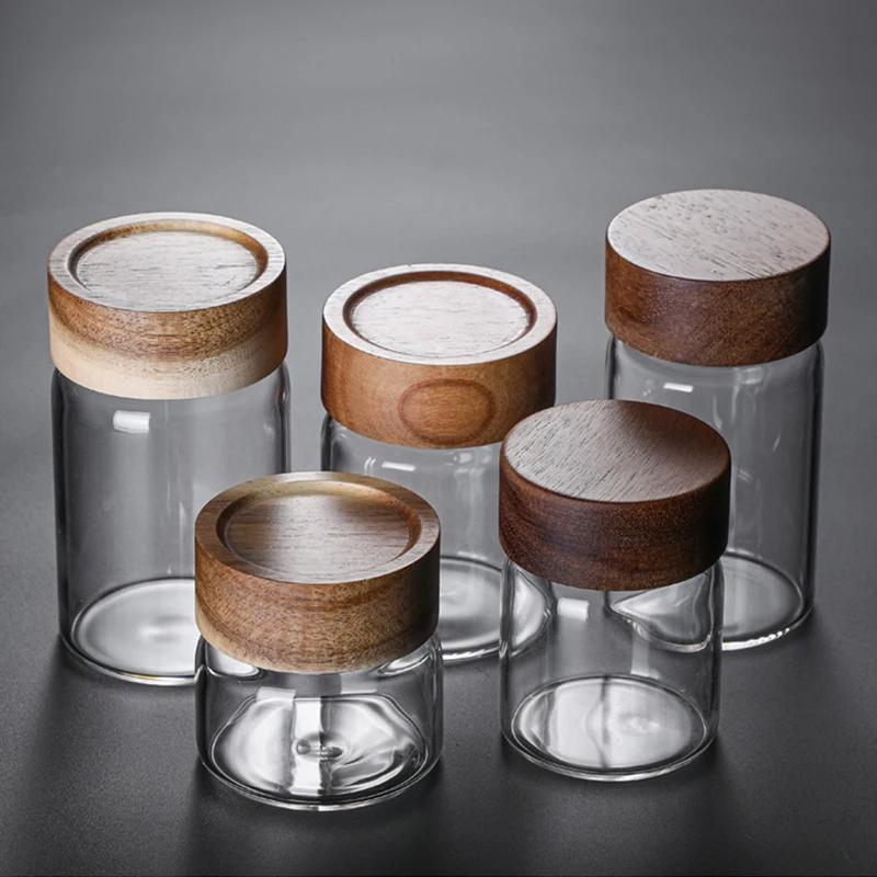 Деревянная крышка Стеклянная герметичная банка для хранения на кухне Бутылки Банки Контейнеры для еды Зерна Чай Кофе Зерна Контейнеры для конфет