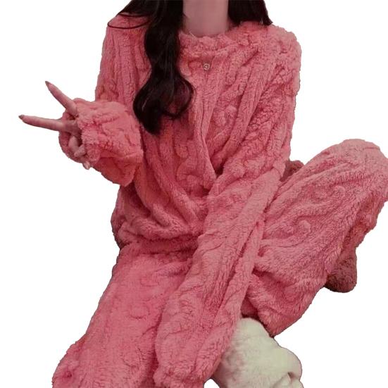 Женский флисовый пижамный комплект Мягкий пушистый пуловер В рубчик Комплект из двух предметов для сна Зимняя пушистая шерпа Пижама Домашний комплект