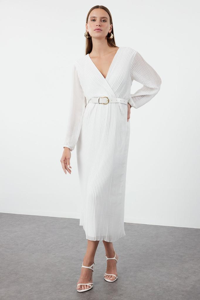 Женское стильное платье Черное шифоновое тканое платье трапециевидной формы с поясом и плиссировкой макси