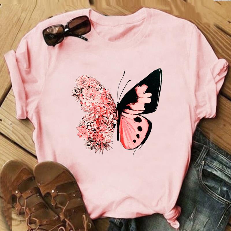 Butterfly Lovely Tee Top Fashion T Shirt 90s Sweet Trend Clothing Casual Short Sleeve Women Print Lady Female Graphic T-shirt