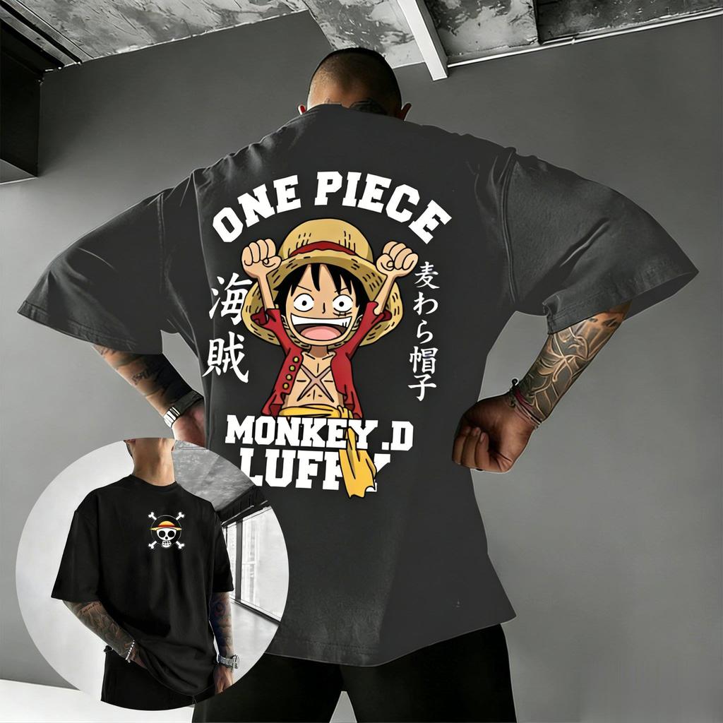 Bandai One Piece Принт Луффи Короткий рукав Свободный Мужские и Женские Летние Для поездок на работу Дышащая Спортивная Хлопковая Футболка 2026