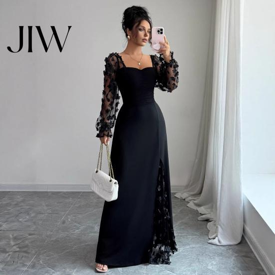 Элегантное макси-платье А-силуэта с квадратным вырезом и кружевными рукавами, с рюшами и боковым разрезом, для вечеринок