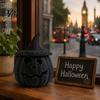 Handmade Woven Texture Craft Faux Rattan Halloween Pumpkin Figurine, Black Resin Statue with Witch Fall Holiday Window Display Hat, Rustic Wicker