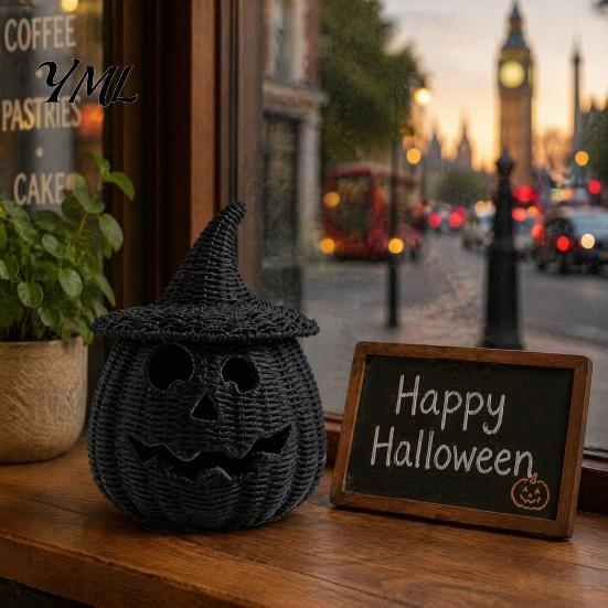 Handmade Woven Texture Craft Faux Rattan Halloween Pumpkin Figurine, Black Resin Statue with Witch Fall Holiday Window Display Hat, Rustic Wicker